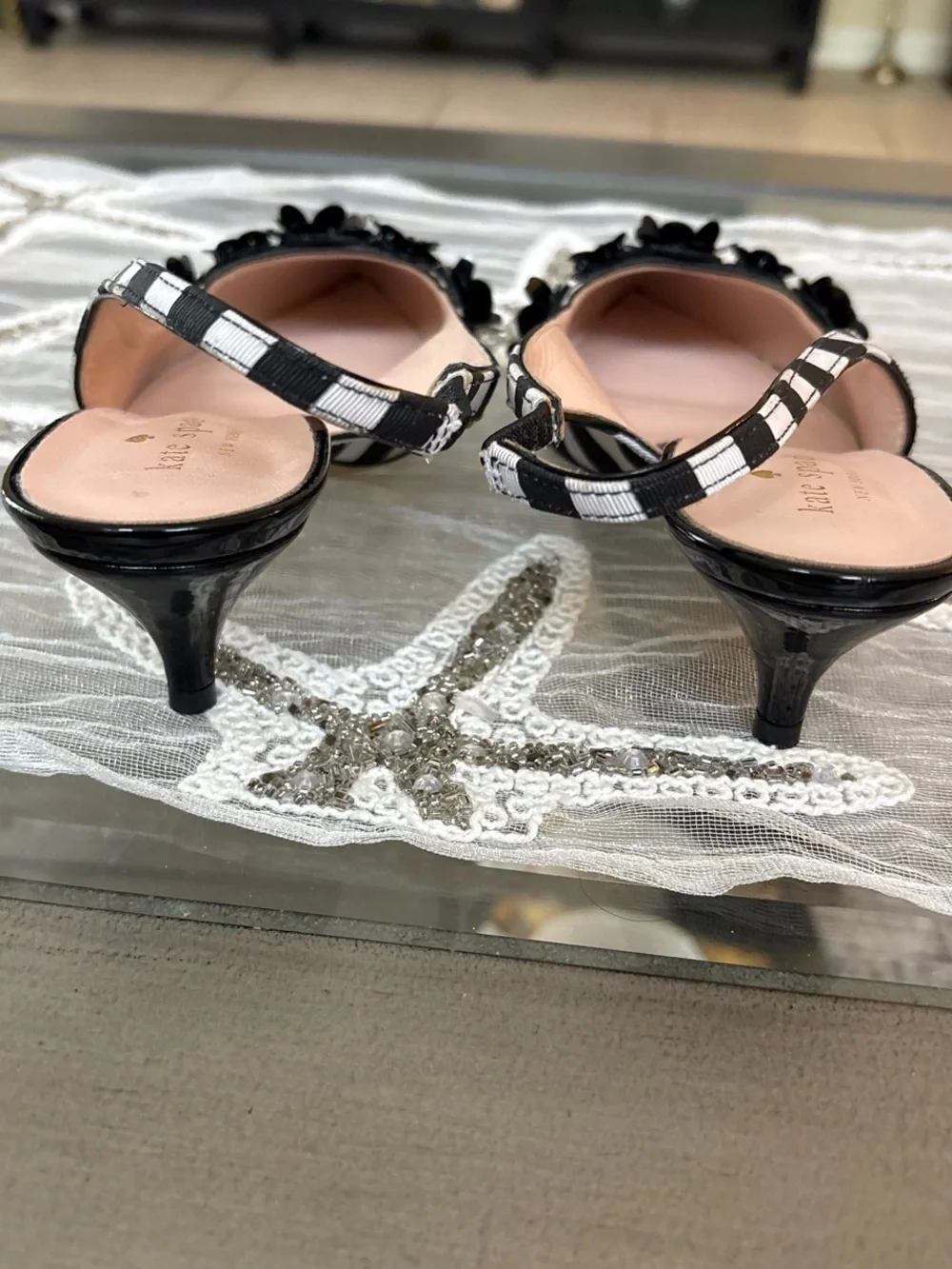 kate spade Black & White Striped Floral Embellished Slingback Flats